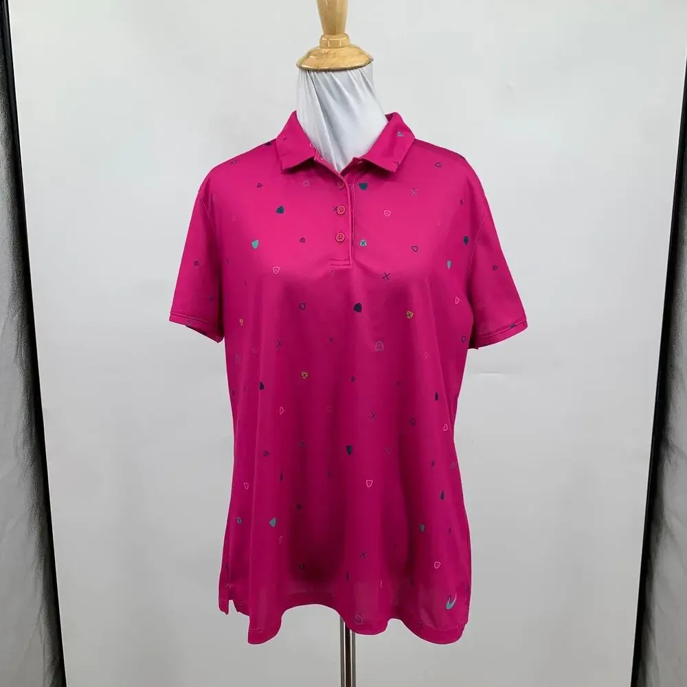 Nike Polo Shirt Women L Large Honeysuckle Dri Fit Allover Print Performance Golf